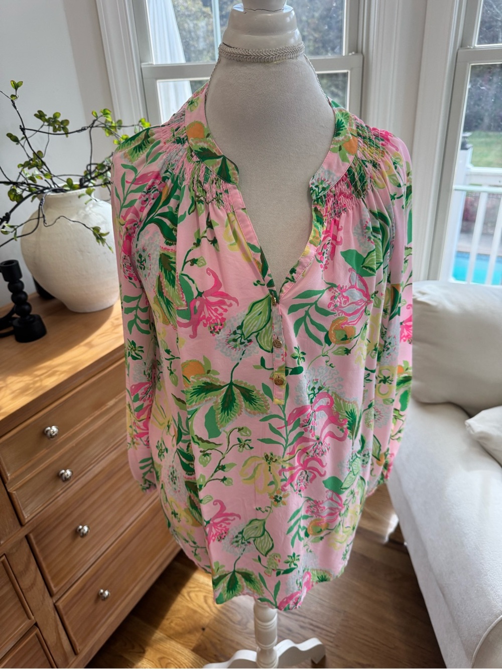 Lilly Pulitzer Pink Floral V-Neck Long-Sleeve Blouse